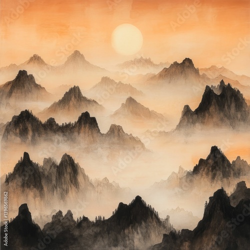 Watercolor painting shows mountains with fog under a sun or moon.