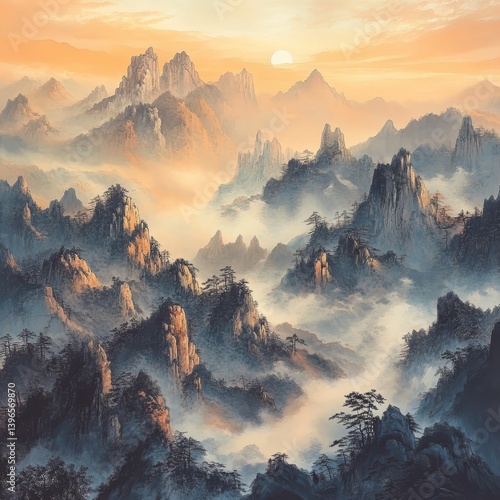Mountain range landscape with fog and orange sky at sunrise or sunset.
