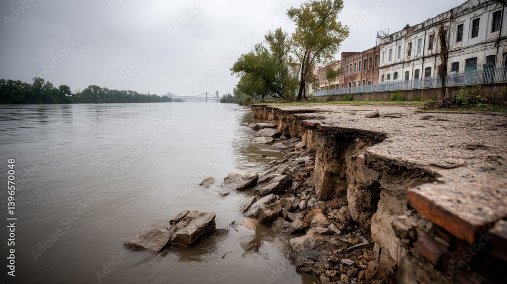 Obraz premium Eroded riverbank with damaged buildings after severe flooding