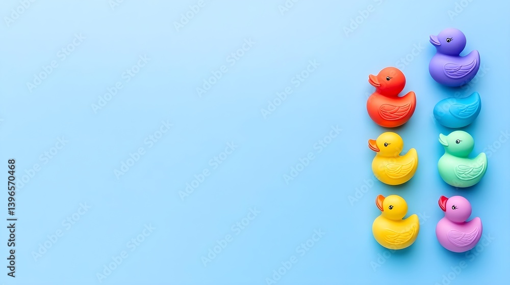 Naklejka premium Playful Arrangement of Colorful Rubber Ducks on Blue Background