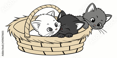 three small kittens in a basket. isolated on white background vector illustration.

