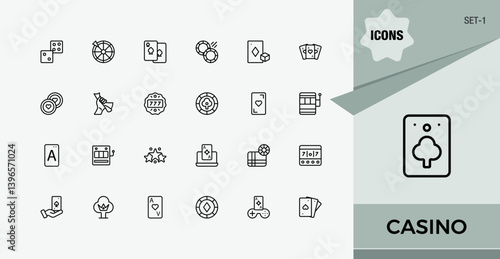 Casino icon set. Includes thin line symbols bet, jackpot, gamble, poker, card and more. Minimalist linear icons. Gambling simple icon. Set-1