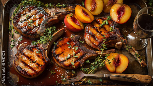 Grilled pork chops with fresh peaches in sauce, metal baking tray with thyme garnish, rustic food photography with red wine glass