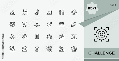 Challenge icon set. Includes symbols for exam, target, success, initiative, career and more. Achievement icon set. Editable stroke. Vector collection. Set-2