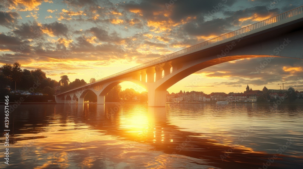 Fototapeta premium A stunning sunset illuminates a bridge over calm waters, reflecting vibrant colors and creating a serene atmosphere.