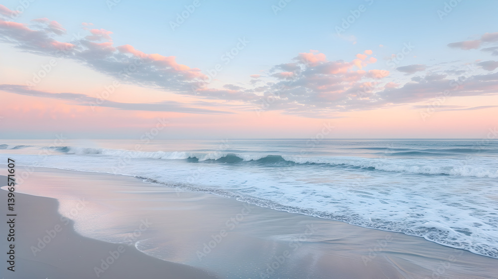 A beautiful beach scene with a pink and blue sky A beautiful beach scene with a pink and blue sky
