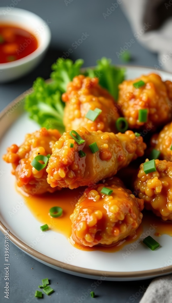 Crispy fried chicken pieces with tangy sweet and sour sauce on plate, Golden, Snack, Cuisine Crispy fried chicken pieces with tangy sweet and sour sauce on plate, Golden, Snack, Cuisine