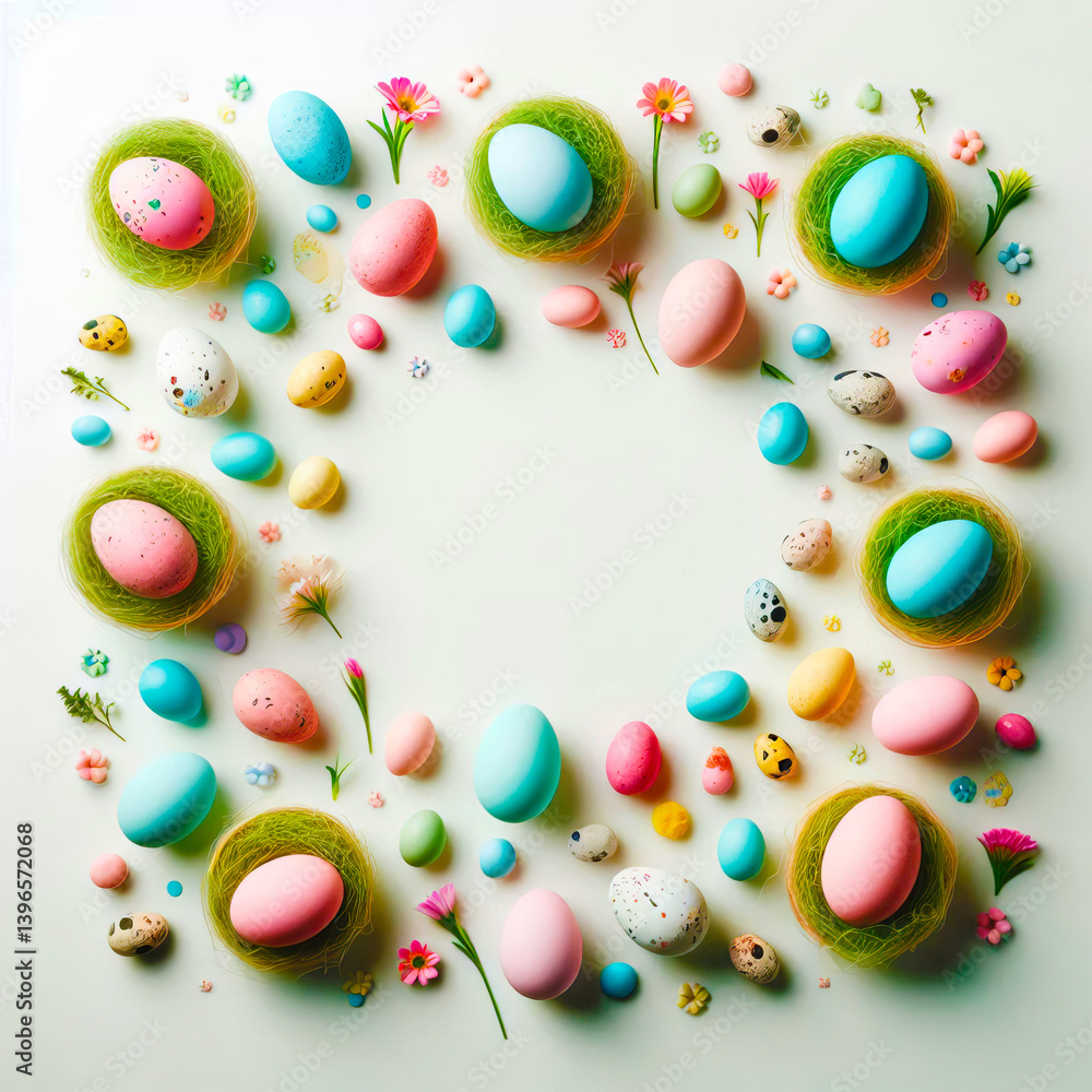 Fototapeta premium A high-angle, full shot depicts a white background with pastel-colored Easter eggs, small candy-like objects, and small flowering plants arranged around the perimeter of the image