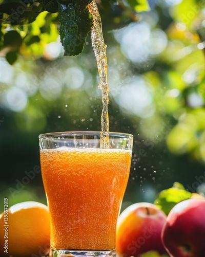 Pouring Apple Juice into a Glass Outdoors