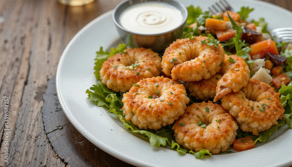 Golden breaded shrimp cakes with fresh green garnish served on white plate with side salad and creamy dipping sauce in metal cup on rustic wooden table Golden breaded shrimp cakes with fresh green garnish served on white plate with side salad and creamy dipping sauce in metal cup on rustic wooden table