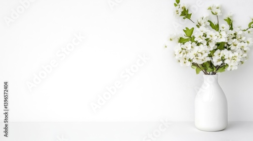 Simple white vase with flowers on white background