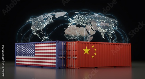 Geopolitical trade tension visualization featuring USA and China containers
