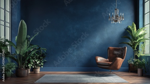 Moody blue interior with a rich brown armchair, lush plants, and herringbone wood flooring. A calming, elegant space