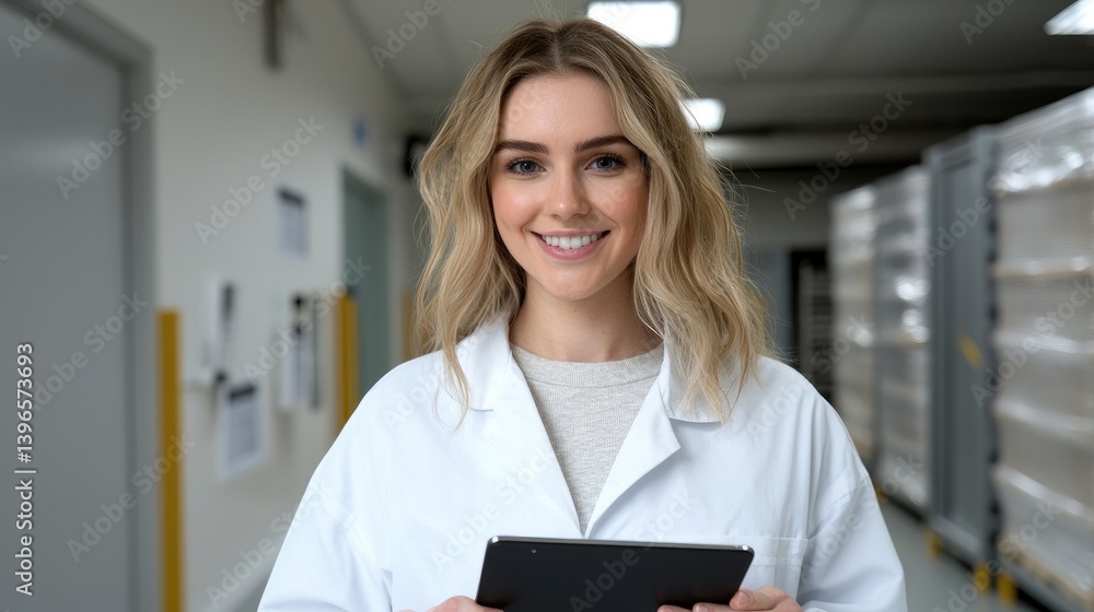 Woman in lab coat with tablet Woman in lab coat with tablet