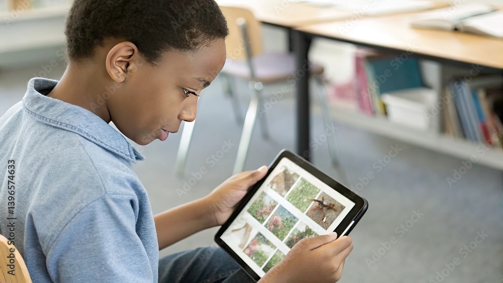 Smart Education Concept A focused boy explores images on a tablet in a bright classroom setting. Smart Education Concept A focused boy explores images on a tablet in a bright classroom setting.