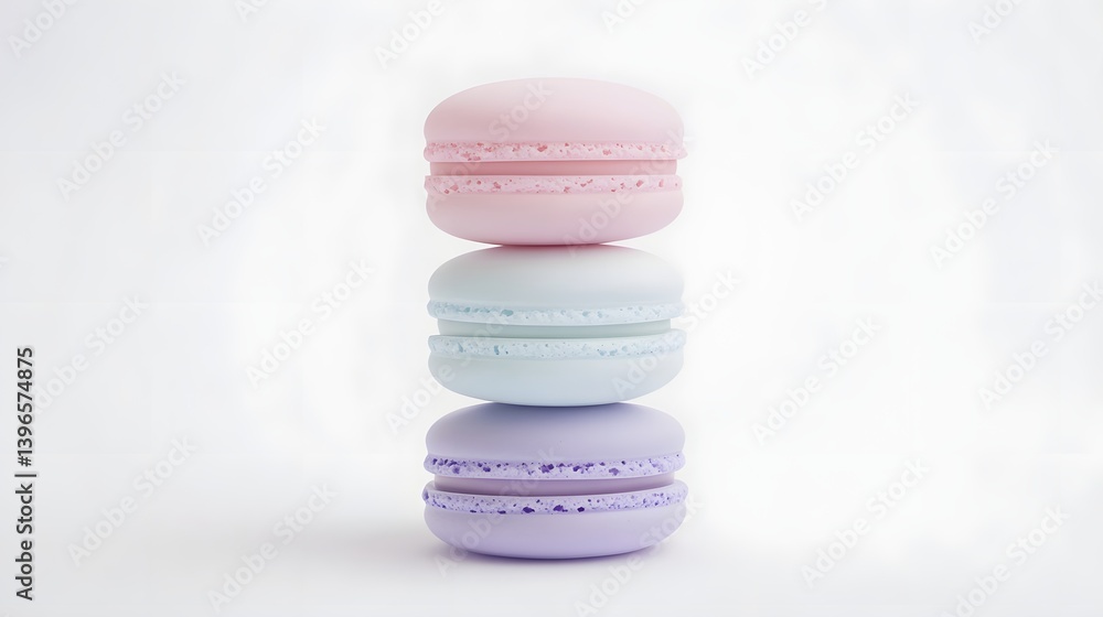 Obraz premium Stack of colorful macarons. Pink, light blue and lavender. Macarons are on a white background. Sweet confections with light pastel colors.