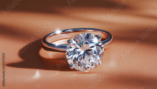 Elegant diamond ring on a soft, warm surface, showcasing beauty.
