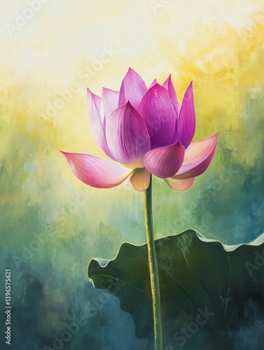 A pink lotus flower blooms against a soft yellow and green background.