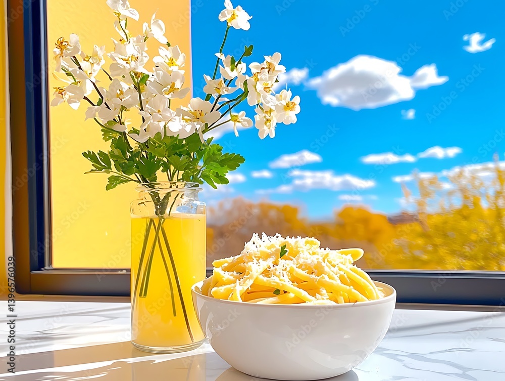 Obraz premium Pasta by Window, Sunny Day