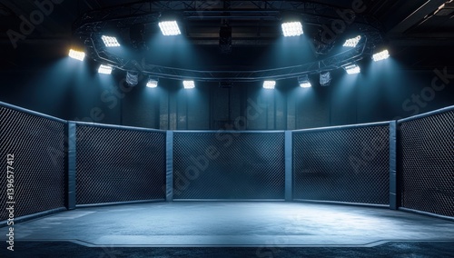 Empty Octagon Cage Under Bright Lights: MMA Arena Ready for Combat