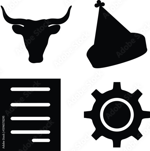 Black And White Vector Graphics Depicting Bull Party Hat Text And Gear