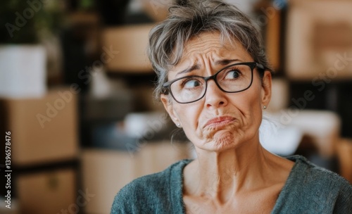 Elderly woman with confused expression standing in living room with hands raised, surrounded by scattered household items. Concept of aging, memory loss and dementia challenges in senior people