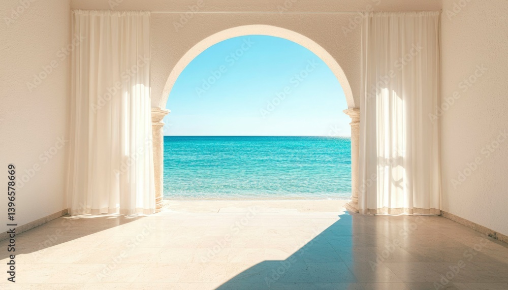 Fototapeta premium Archway to sea. Sunlight through white curtains
