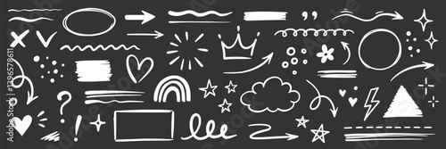 Line hand drawn brush marker underline, highlight, star element chalkboard set. Hand drawn sketch marker underline shape, arrow, star scribble brush pen stroke highlight element. Vector illustration