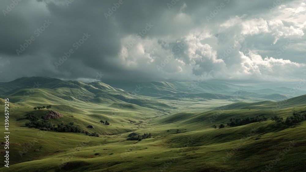 Naklejka premium Stormy Skies Above Undulating Landscape