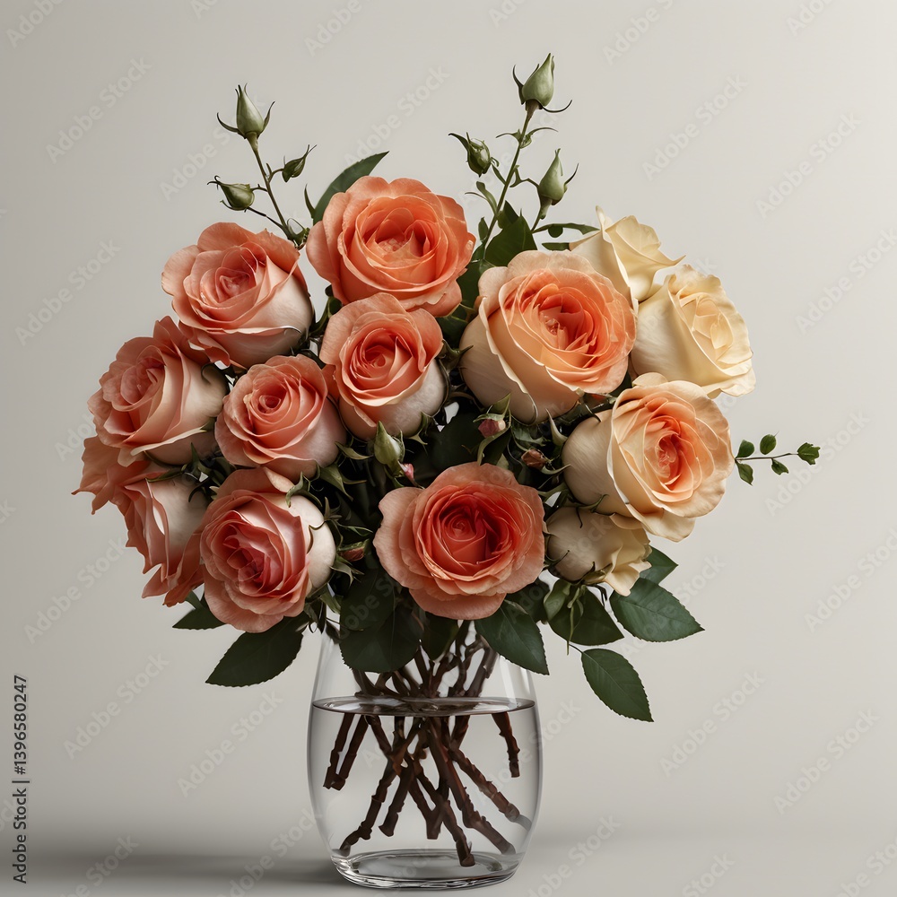 Obraz premium Lush peach roses and textured eucalyptus create a classic, romantic bouquet. Generative AI 
