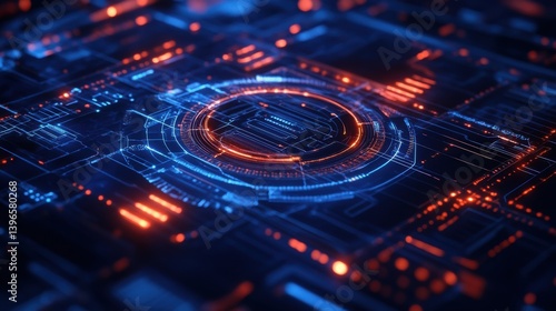 A vibrant digital circuit design featuring blue and orange lights, symbolizing technology and innovation in a futuristic context.