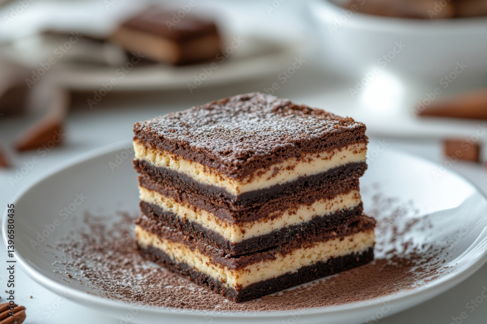 Plate with three chocolate cake slices, topped with fresh berries and a dusting of powdered sugar, set on a wooden table with a rustic backdrop. Plate with three chocolate cake slices, topped with fresh berries and a dusting of powdered sugar, set on a wooden table with a rustic backdrop.