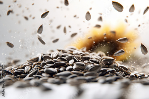 Sunflower seeds falling from the sky in a vibrant field of sunflowers, creating a mesmerizing and scenic natural spectacle.