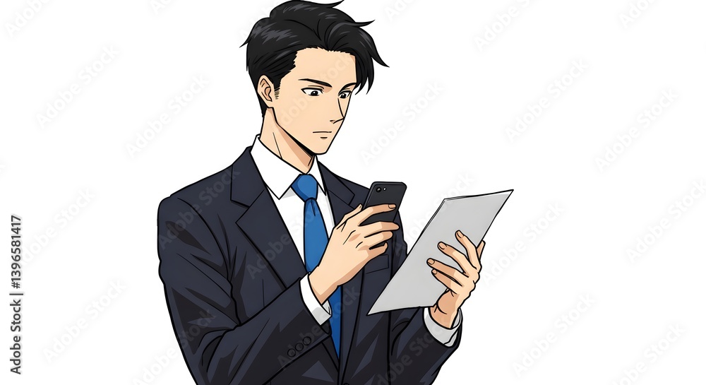 Focused Anime Businessman Analyzing Data on Phone and Document Illustration Focused Anime Businessman Analyzing Data on Phone and Document Illustration
