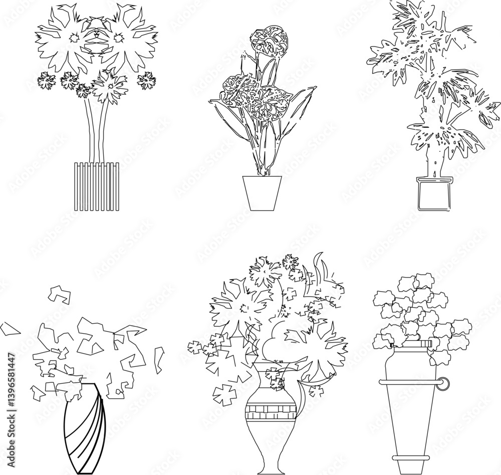 Vector silhouette design illustration sketch of ornamental plants in pots for interior decoration of rooms Vector silhouette design illustration sketch of ornamental plants in pots for interior decoration of rooms