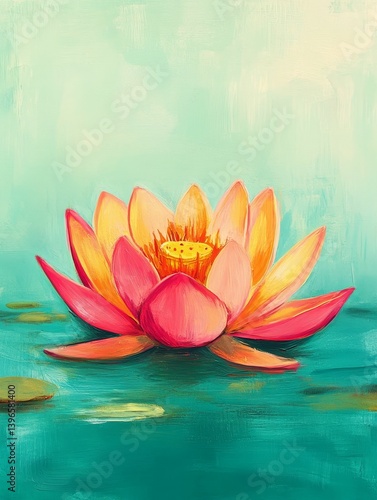 Colorful lotus flower illustration in water with a soft pastel background.