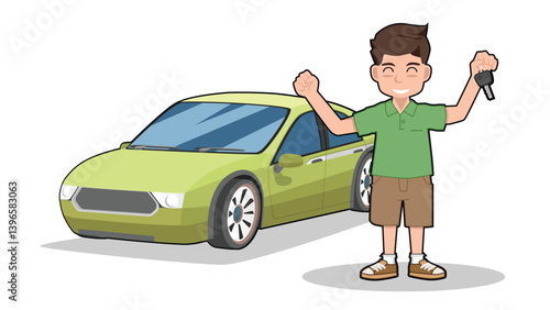 Cartoon illustration shows a smiling person holding up car keys with their arms raised in excitement next to a light green car. Suggests happiness about a new car. Isolated white background.