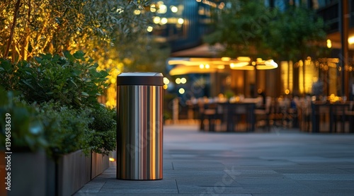 Wallpaper Mural Nighttime Urban Scene: Stainless Steel Trash Can Beside Lush Greenery, Illuminated Outdoor Restaurant Background Torontodigital.ca