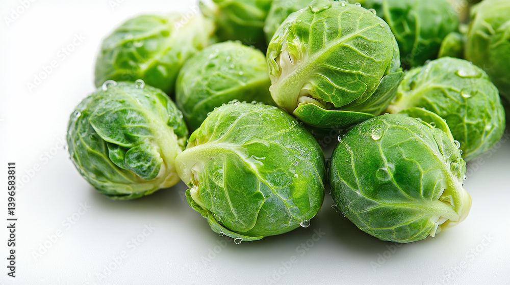 Fresh Brussels sprouts with water droplets, clustered in the bottom left corner on a bright white background Fresh Brussels sprouts with water droplets, clustered in the bottom left corner on a bright white background