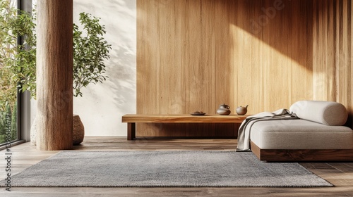 Minimalist interior with warm wood paneling, a neutral daybed, and textured rug. Natural light and a potted plant create a serene atmosphere