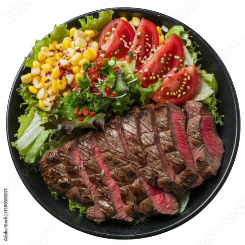 steak salad bowl with corn, tomato, and lettuce