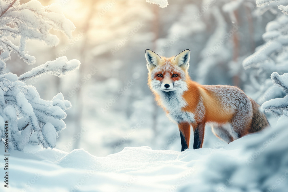 Fototapeta premium Red fox gracefully trotting through snow-covered forest, fluffy tail raised, sharp gaze fixed ahead, winter wonderland setting with bare trees.