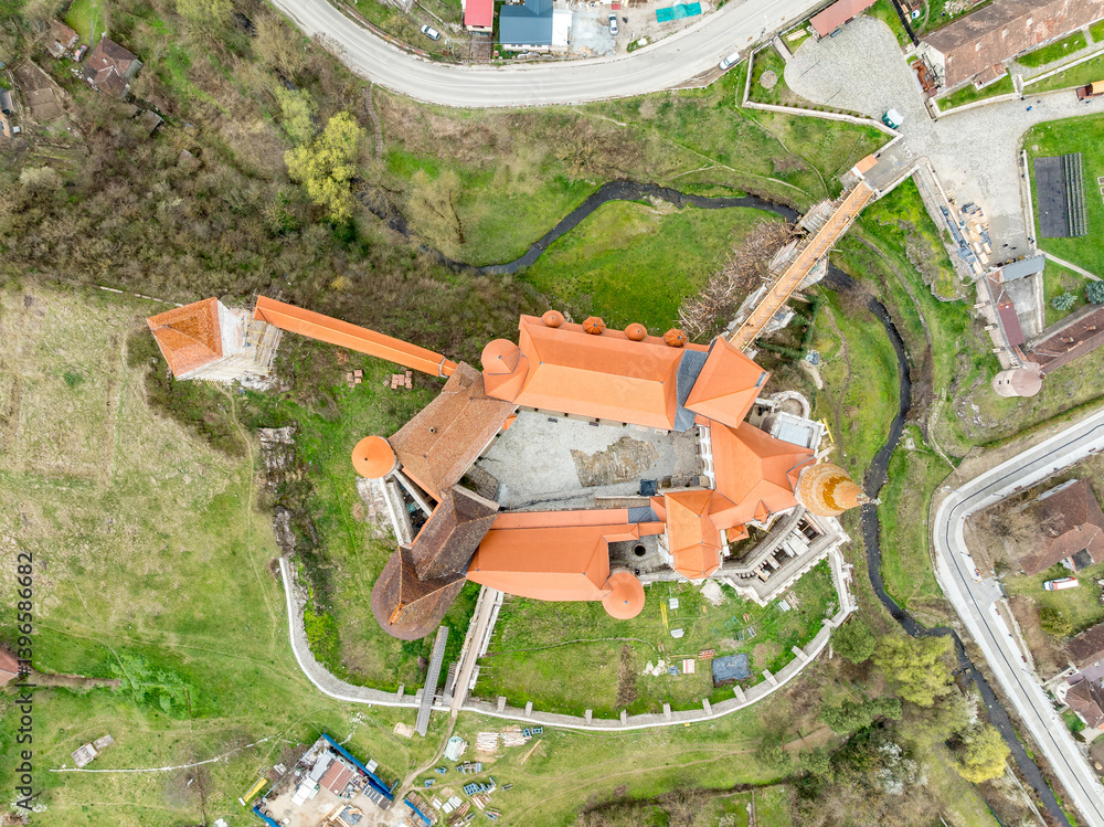Aerial ground plan view of Hunedoara Vajdahunyad castle in Romania