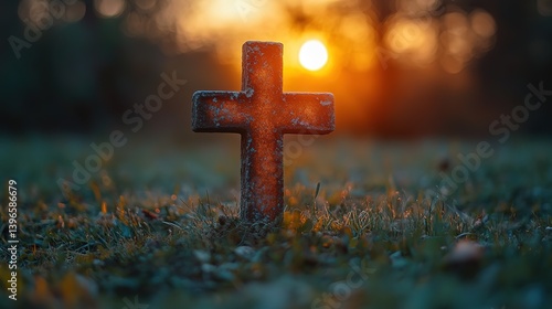 Serene image capturing a rustic cross amidst golden sunrise hues and misty landscape