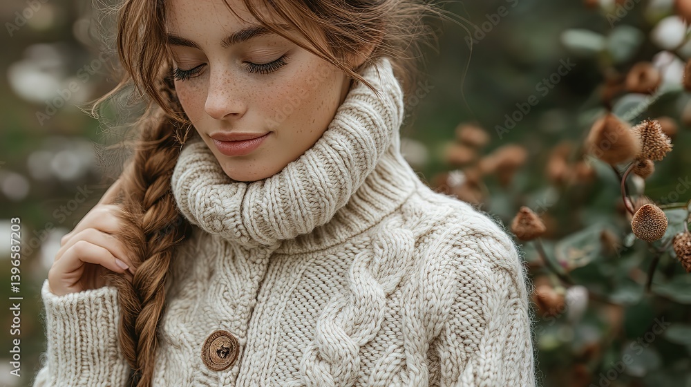 Serene Portrait of Red-Haired Woman in Cozy Turtleneck Sweater Outdoors Serene Portrait of Red-Haired Woman in Cozy Turtleneck Sweater Outdoors