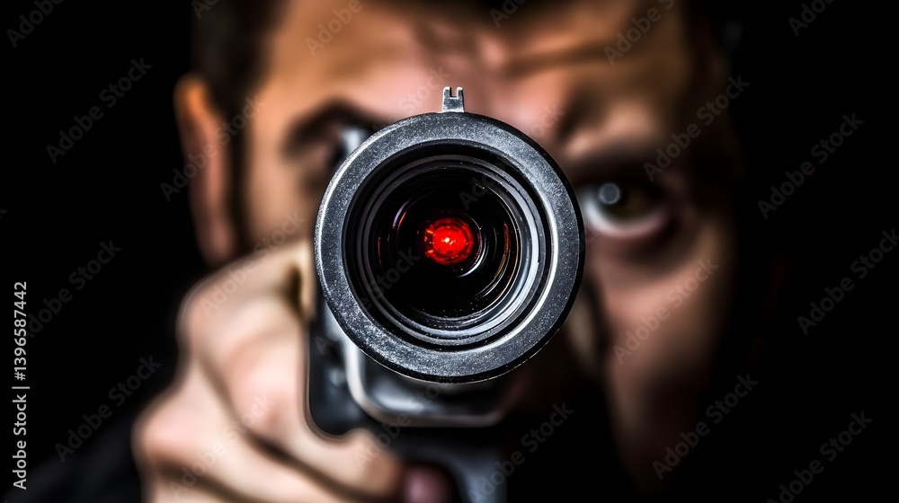 Intense Sniper Focus with Rifle Aiming at Target in Dark Environment Intense Sniper Focus with Rifle Aiming at Target in Dark Environment