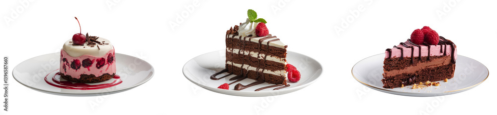 three cake slices on white plates, isolated on white background three cake slices on white plates, isolated on white background