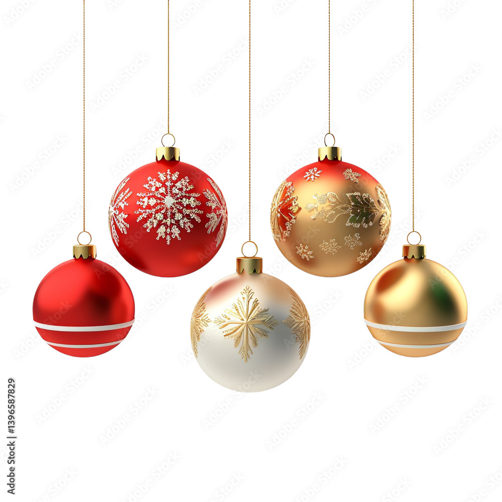 Elegant Christmas ornaments hang against a black background, showcasing festive red, gold, and white designs. Elegant Christmas ornaments hang against a black background, showcasing festive red, gold, and white designs.