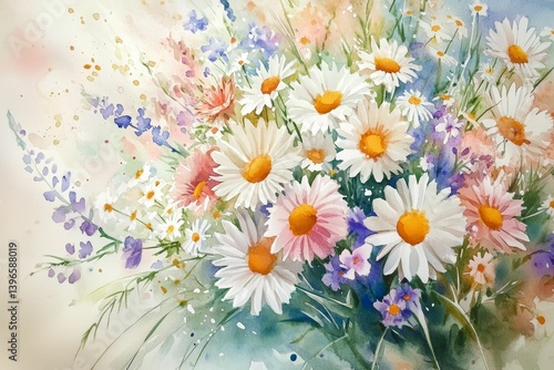 Watercolor painting of daisies and other flowers in soft pastel colors.