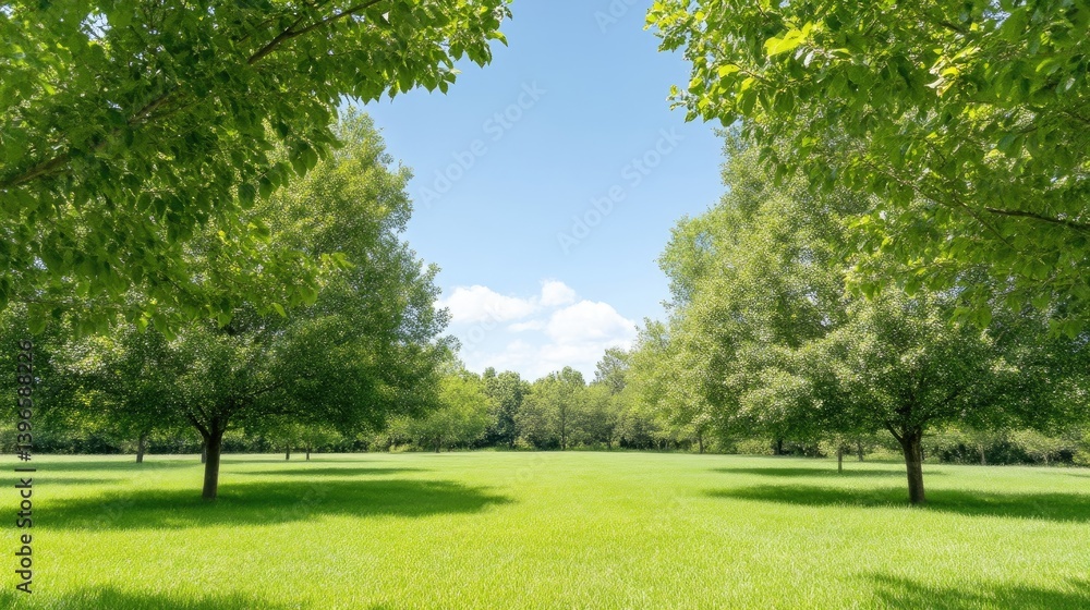 Lush green trees lining a spacious grassy field on a sunny day, vibrant summer landscape with clear blue sky, and nature and tranquility concept. Lush green trees lining a spacious grassy field on a sunny day, vibrant summer landscape with clear blue sky, and nature and tranquility concept.